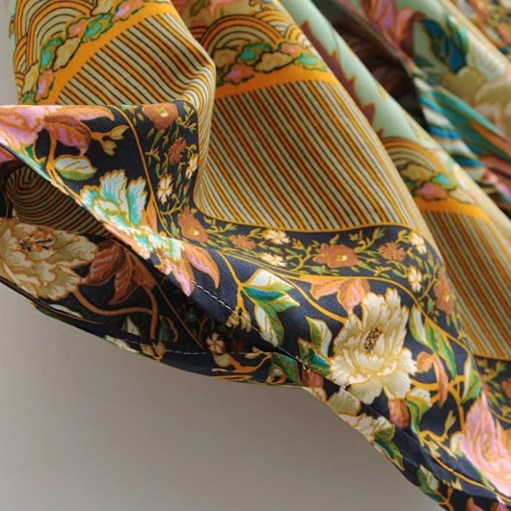 Bohemian Mint Green Floral Print Cut out Sleeve Belted Kimono Cover up - Picture 3 of 8